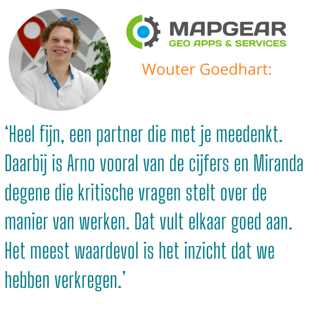 Testimonial Wouter: Heel fijn, een partner die met je meedenkt. Daarbij is Arno vooral van de cijfers en Miranda degene die kritische vragen stelt over de manier van werken. Dat vult elkaar goed aan. Het meest waardevol is het inzicht dat we hebben verkregen.
